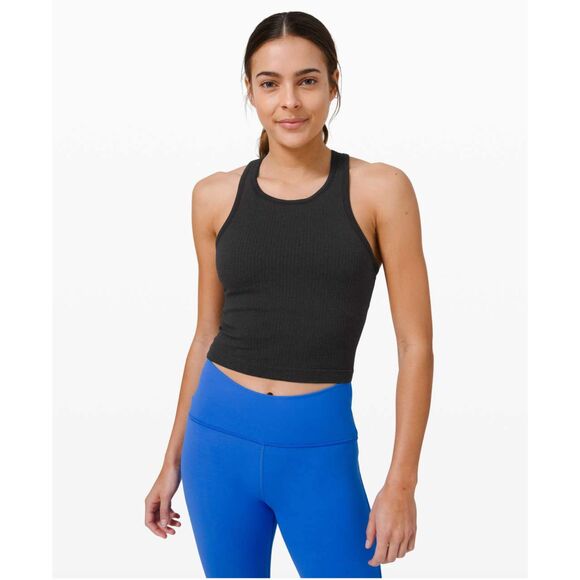 EUC Lululemon Ebb To Street Racerback Crop Tank Black Ribbed Size 4 Cropped - Picture 1 of 12